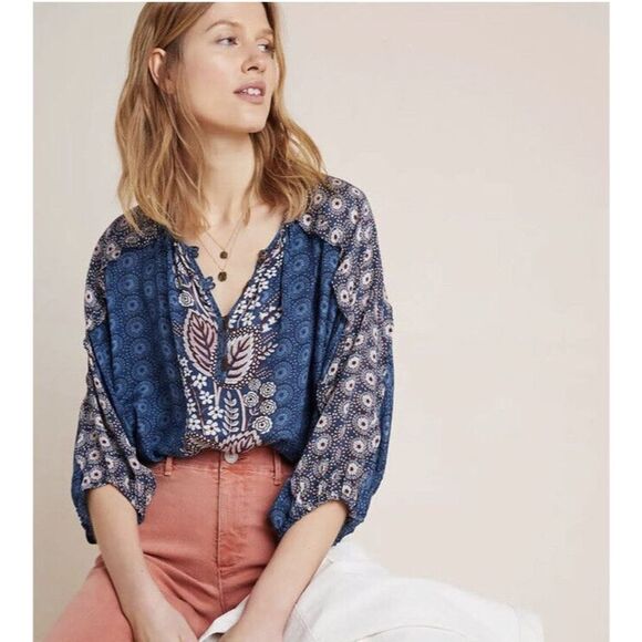 Maeve by Anthropologie Women's Letizia Ruffled Blouse Size S Blue Floral Boho - Picture 4 of 9